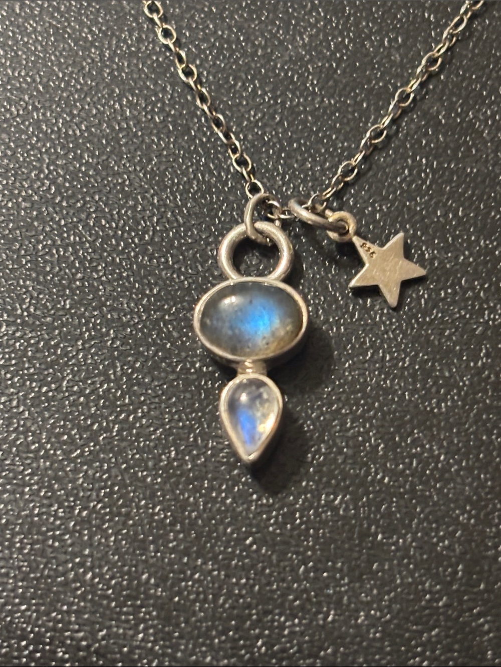 Sterling Silver Blue Labradorite Moonstone Drop Pendant Necklace with Star Charm